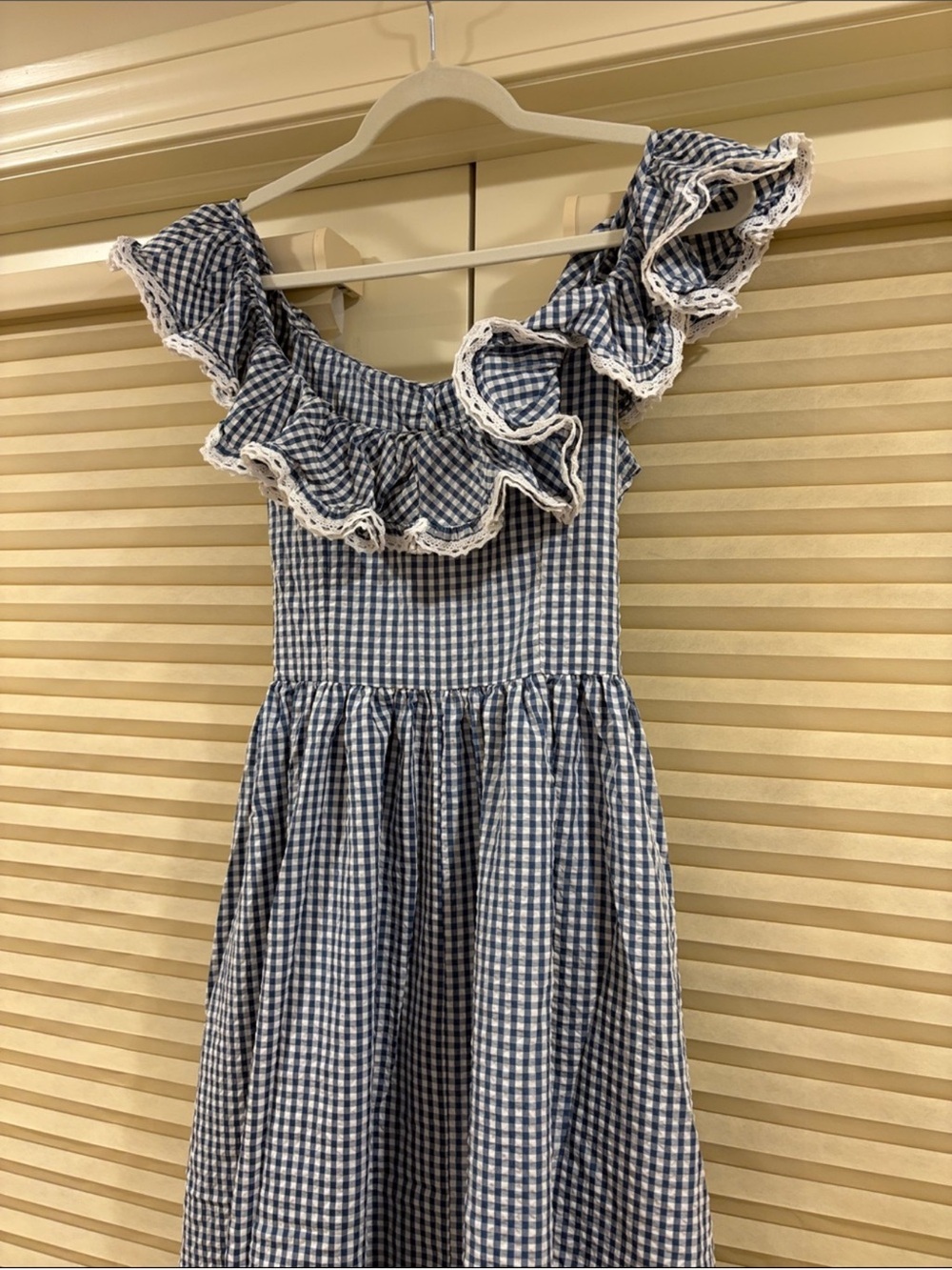 NWOT Doen Blue Gingham Ruffle Off-Shoulder Midi Dress, Size M - Picture 8 of 10